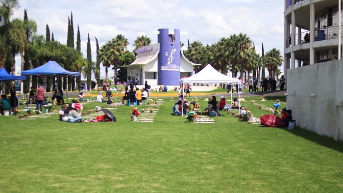 Familias sentadas sobre el pasto con carpas y sombrillas durante el Festival