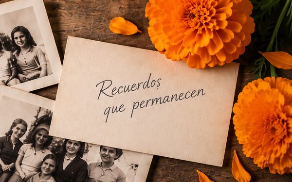 Fotografías antiguas de familia junto a una tarjeta escrita a mano que dice «Recuerdos que permanecen», entre flores de cempasúchil