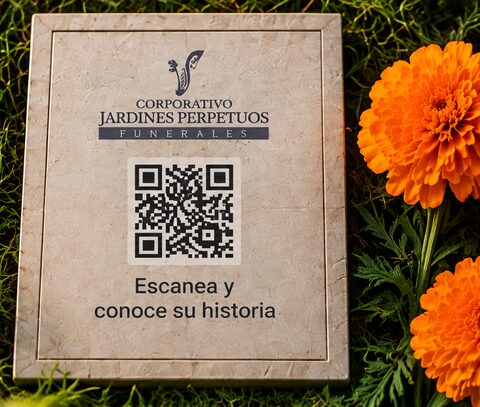 Placa conmemorativa de Jardines Perpetuos sobre el césped, con un código QR y la leyenda «Escanea y conoce su historia», junto a flores de cempasúchil